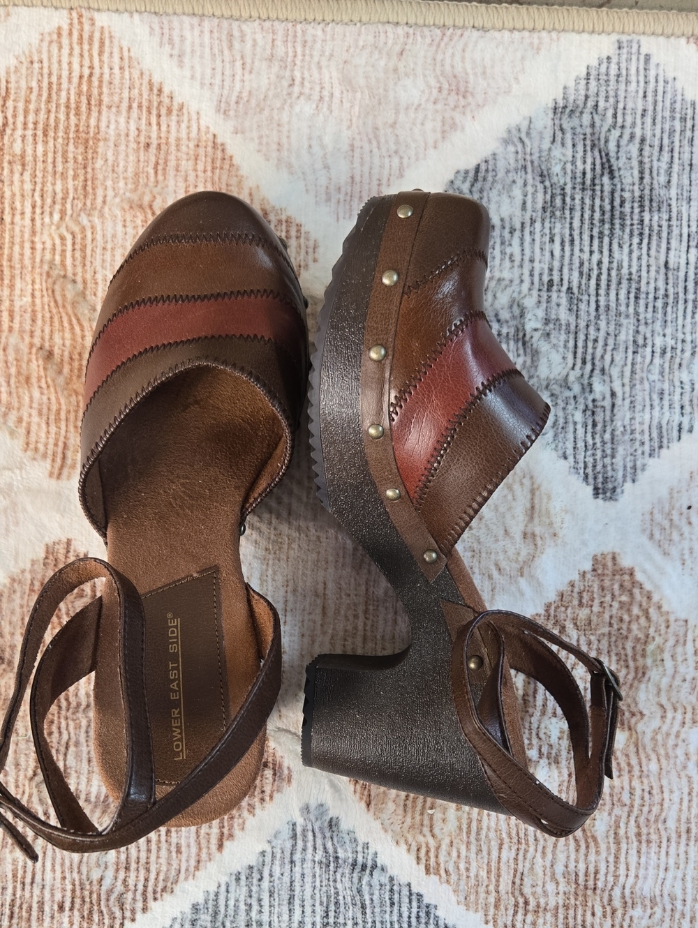 LOWER EAST SIDE Brown and Burgundy Platform Sandals with Stud Trim